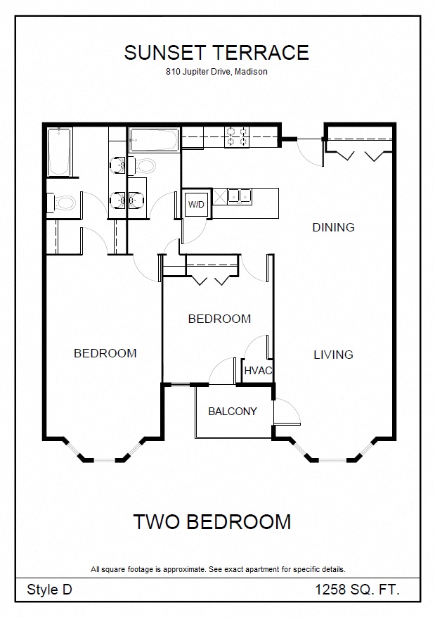 Floor plan for 2 beds, 2 baths, 1258 sqft